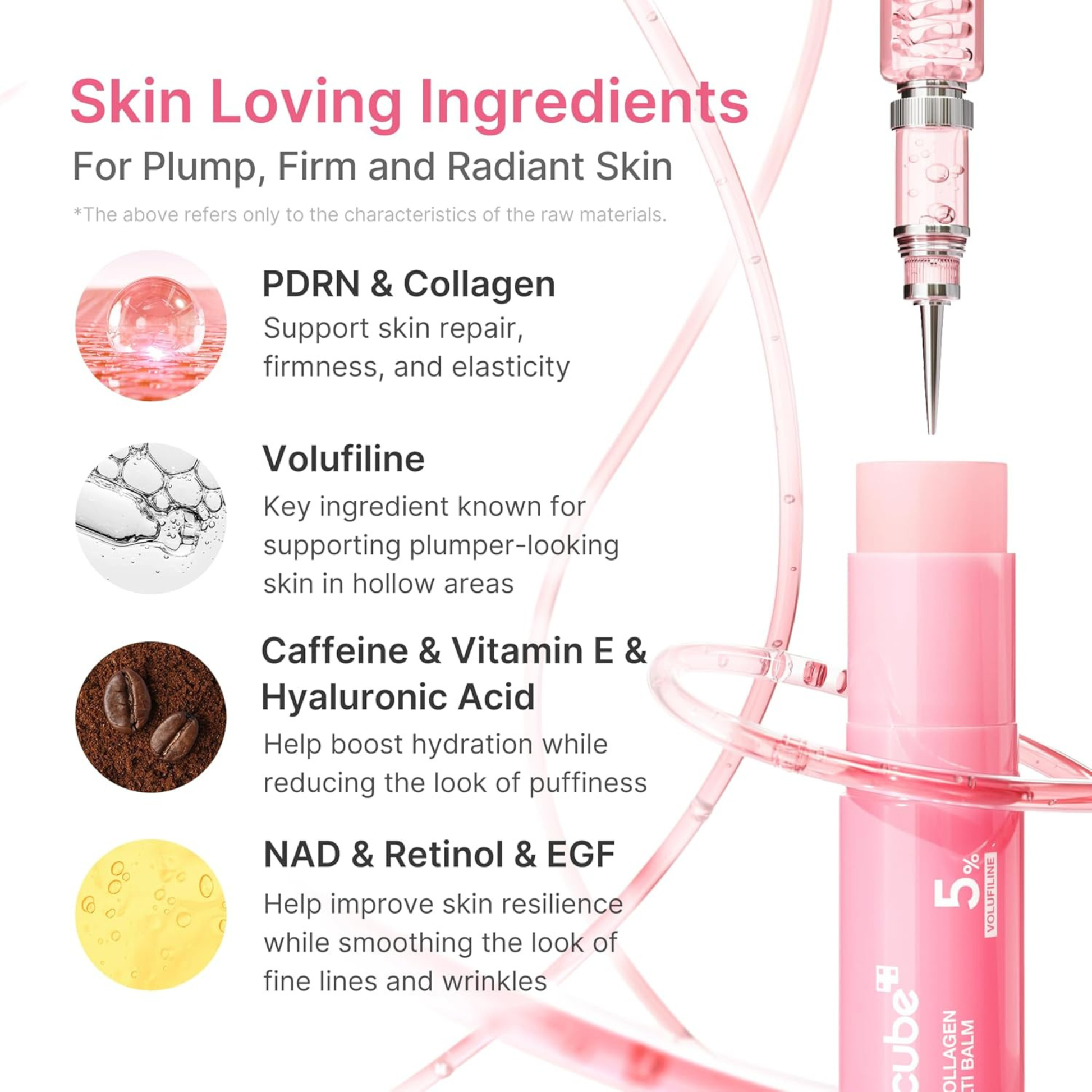 Medicube PDRN Pink Collagen Volume Multi Balm with text on skin-loving ingredients on a white background. Featuring PDRN, Collagen, Volufinine, Caffeine, Vitamin E, Hyaluronic Acid, NAD , Retinol and EGF