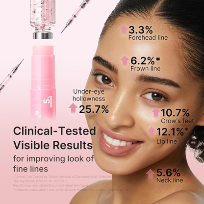 Woman's face with clinical results after the use of the Medicube PDRN Pink Collagen Volume Multi Balm on a pink background