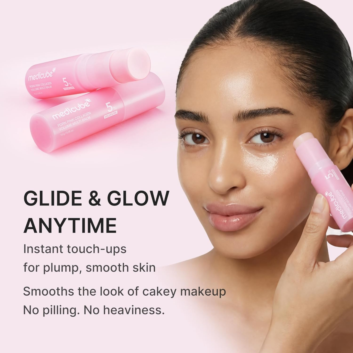 Woman applying the Medicube PDRN Pink Collagen Volume Multi Balm to her face with text about instant touch-ups and smooth skin.