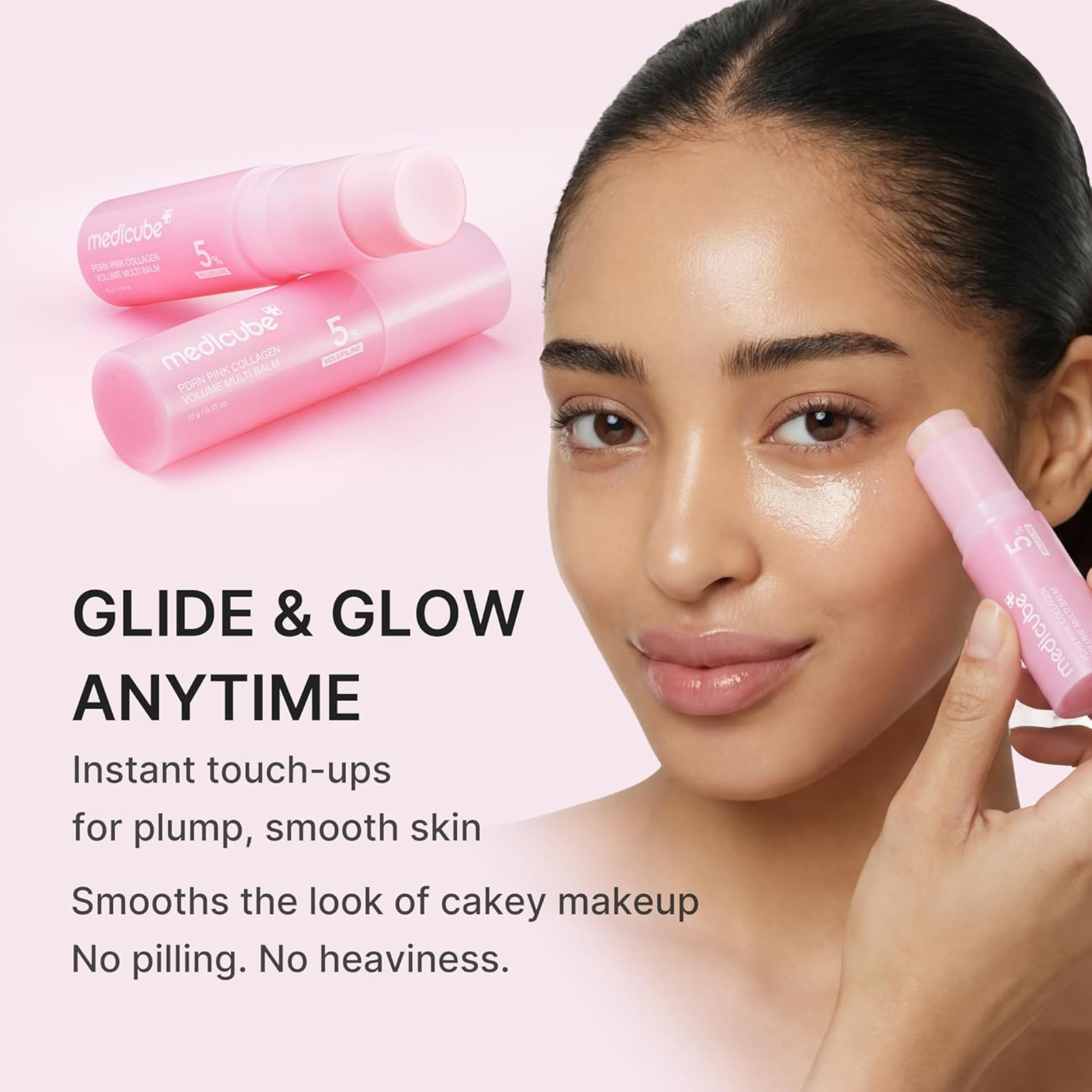 Woman applying the Medicube PDRN Pink Collagen Volume Multi Balm to her face with text about instant touch-ups and smooth skin.
