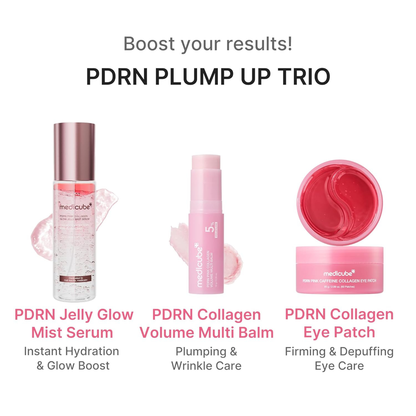MEdicube PDRN Plump Up Trio skincare products with descriptions on a white background featuring the Medicube PDRN Jelly Glow Mist Serum, Medicube PDRN Pink Collagen Volume Multi Balm and the PDRN Collagen Eye Patches