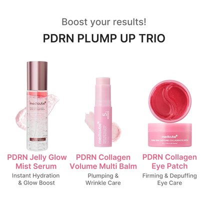 MEdicube PDRN Plump Up Trio skincare products with descriptions on a white background featuring the Medicube PDRN Jelly Glow Mist Serum, Medicube PDRN Pink Collagen Volume Multi Balm and the PDRN Collagen Eye Patches