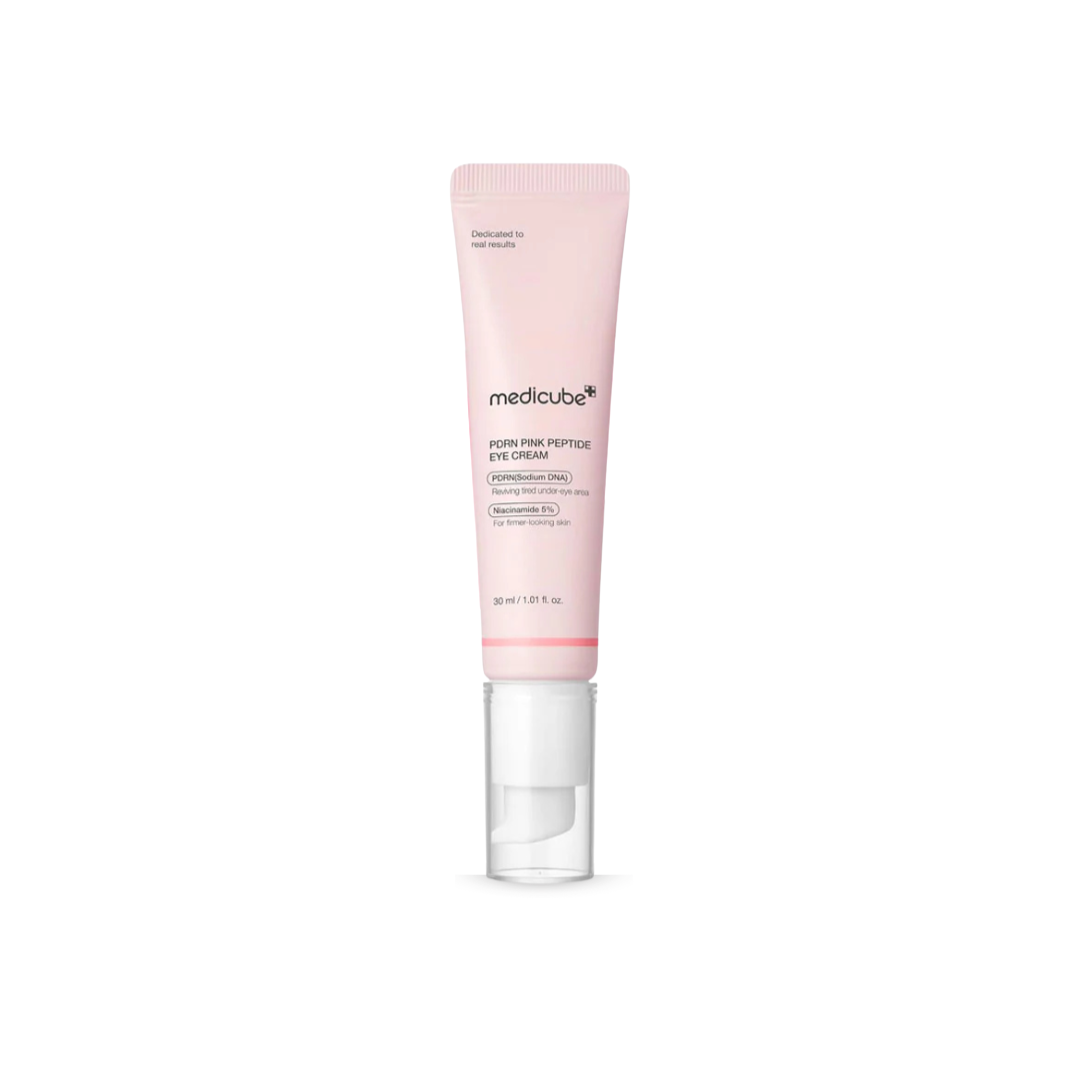Medicube PDRN Pink Peptide Eye Cream tube with Medicube branding on a white background