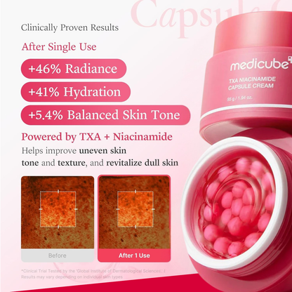 Pink jar of Medicube TXA Niacinamide Capsule Cream with clinical benefits after single use on a pink background