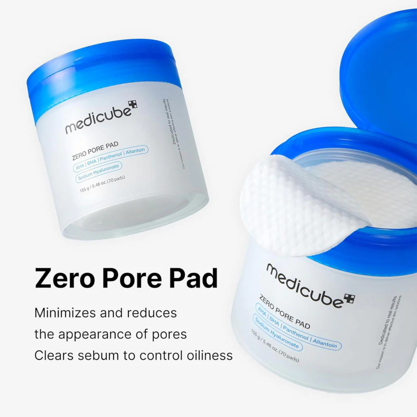  Medicube Zero Pore Pad 2.0 container with open lid on a white background as well as text about minimizing and reducing the look of pores and balancing sebum production