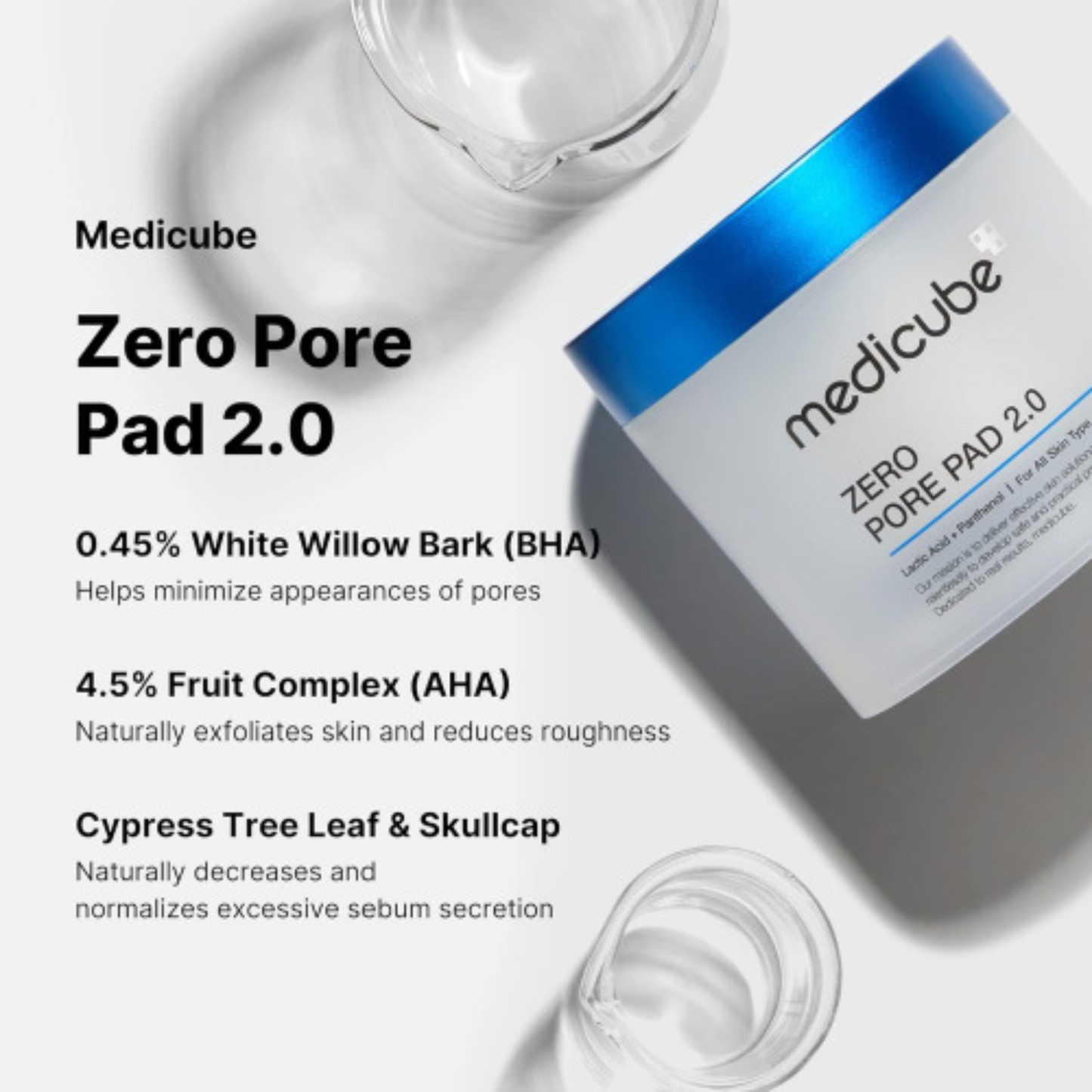 Medicube Zero Pore Pad 2.0 jar with product details and hero ingredients on a white background