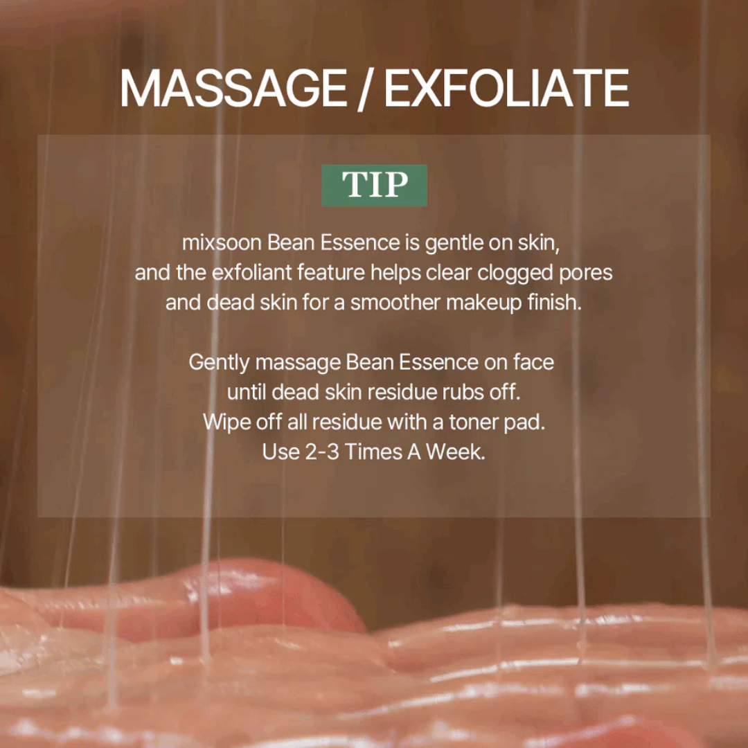 Mixoon Bean Essence massage instructions with text overlay on a blurred background