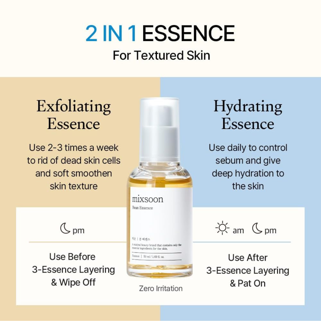 2-in-1 essence bottle with usage instructions on a beige and blue background. Mixoon Bean Essence