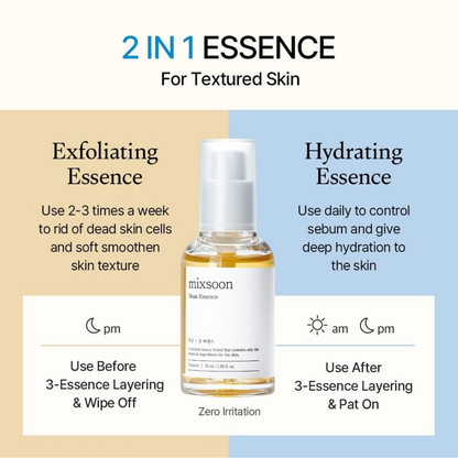 2-in-1 essence bottle with usage instructions on a beige and blue background. Mixoon Bean Essence