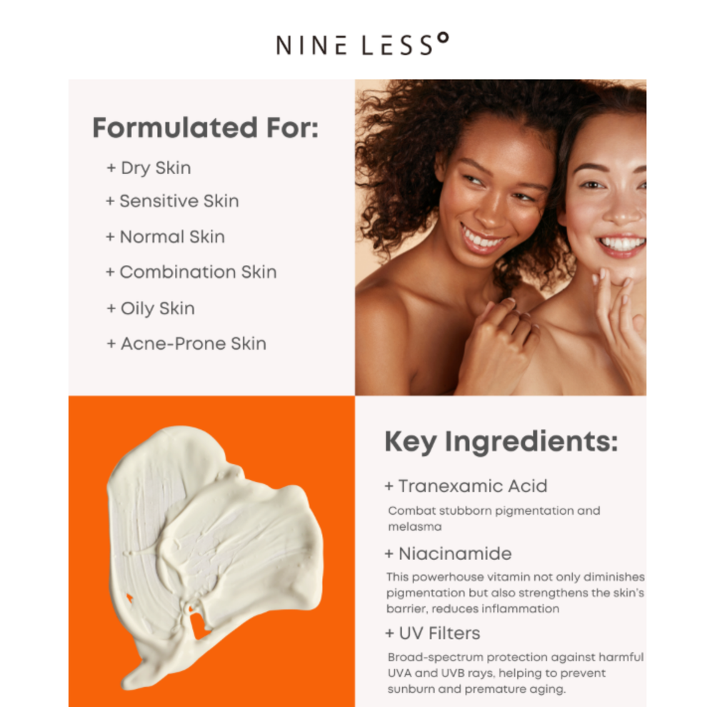 Sunshine Less Screen NINE LESS Mela-Pro Tranexamic Acid Sun Screen – Just Peachy