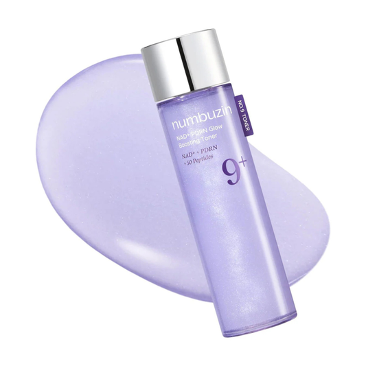 Numbuzin NAD+ PDRN Glow Boosting Toner with a splash of toner on a white background
