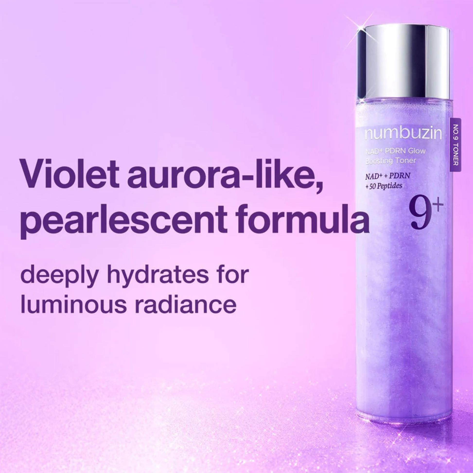 Numbuzin NAD+ PDRN Glow Boosting Toner with text about the pearlescent look of the formulation as well as stating that the formula hydrates for a luminous glow.  