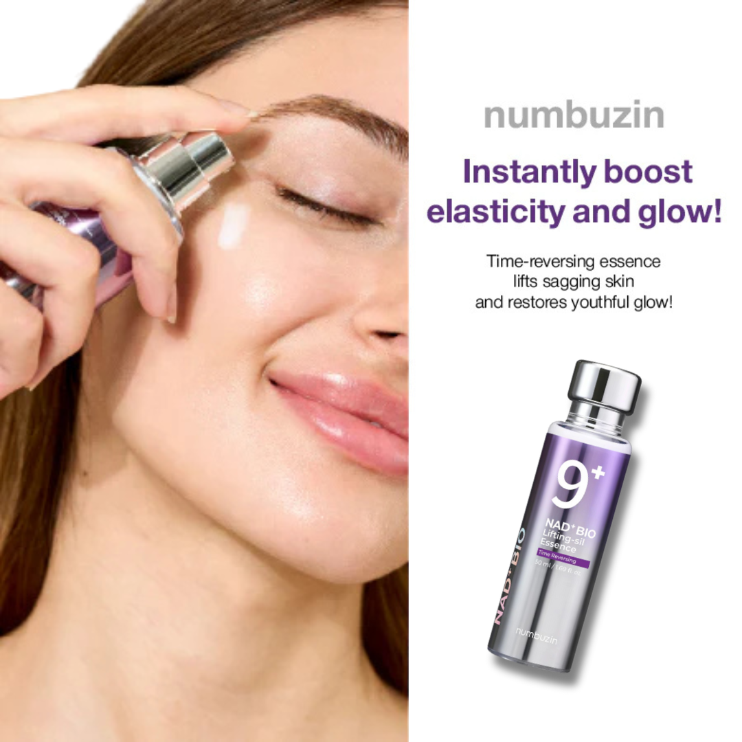 Woman applying Numbuzin No.9 NAD Bio Lifting Essence to her face with a close-up of the product on a white background.