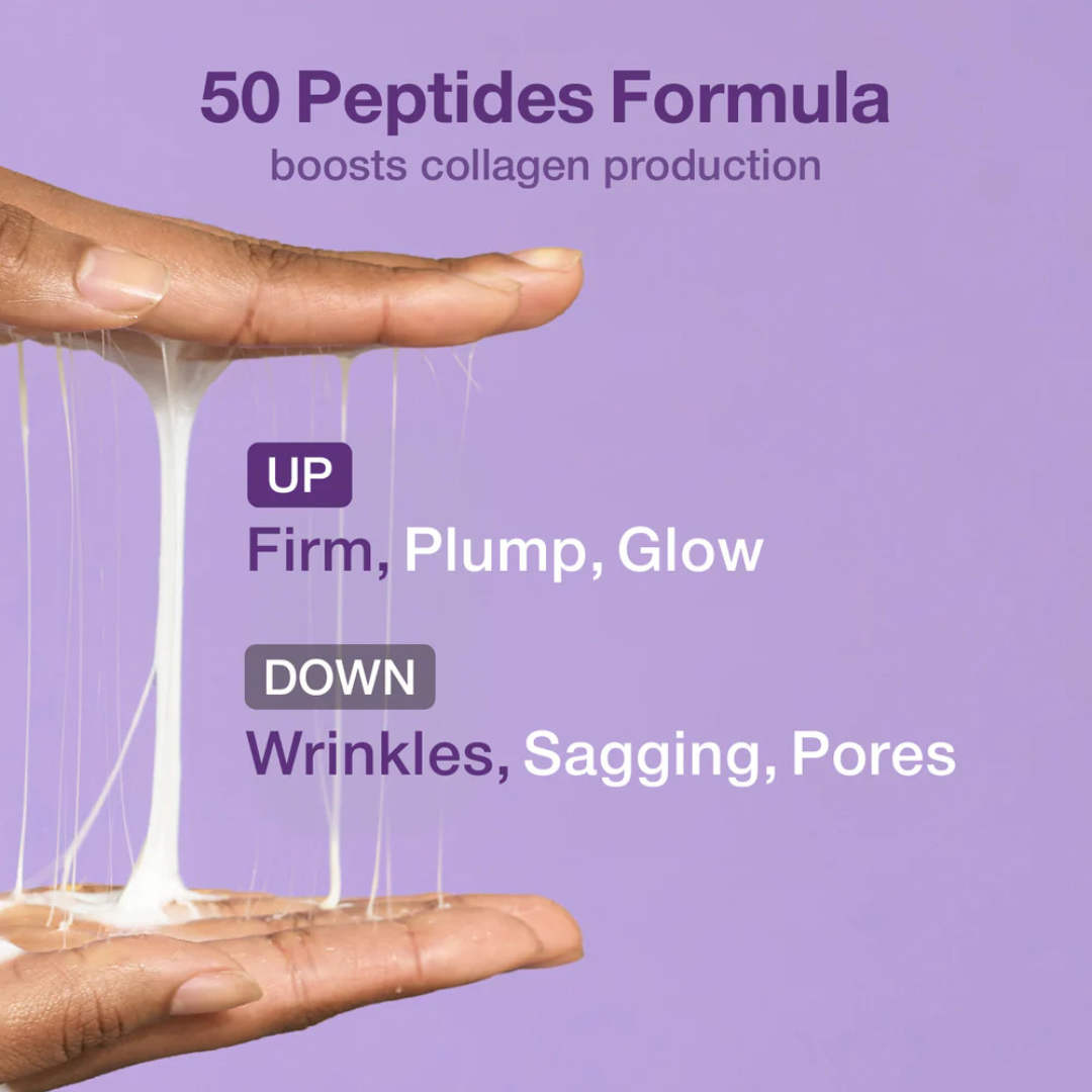 Hand demonstration the texture of skincare product with text about 50 Peptides Formula on a purple background. Numbuzin No.9 NAD Bio Lifting Essence