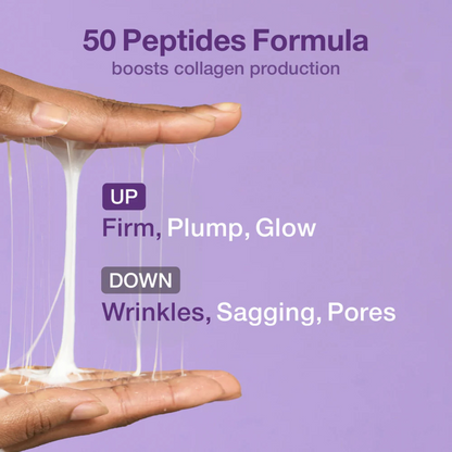 Hand demonstration the texture of skincare product with text about 50 Peptides Formula on a purple background. Numbuzin No.9 NAD Bio Lifting Essence