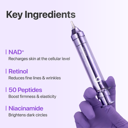 Hand in purple glove holding a Numbuzin No.9 NAD+ Retinol Volumetox Eye Cream with text on the key ingredients