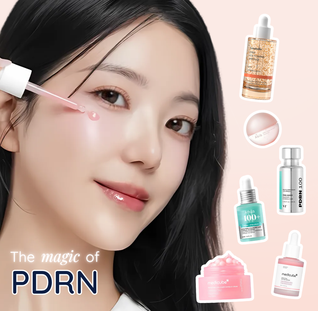 Woman applying skincare product with PDRN, featuring various skincare bottles of skincare featuring PDRN as hero ingredient on a pink background.
