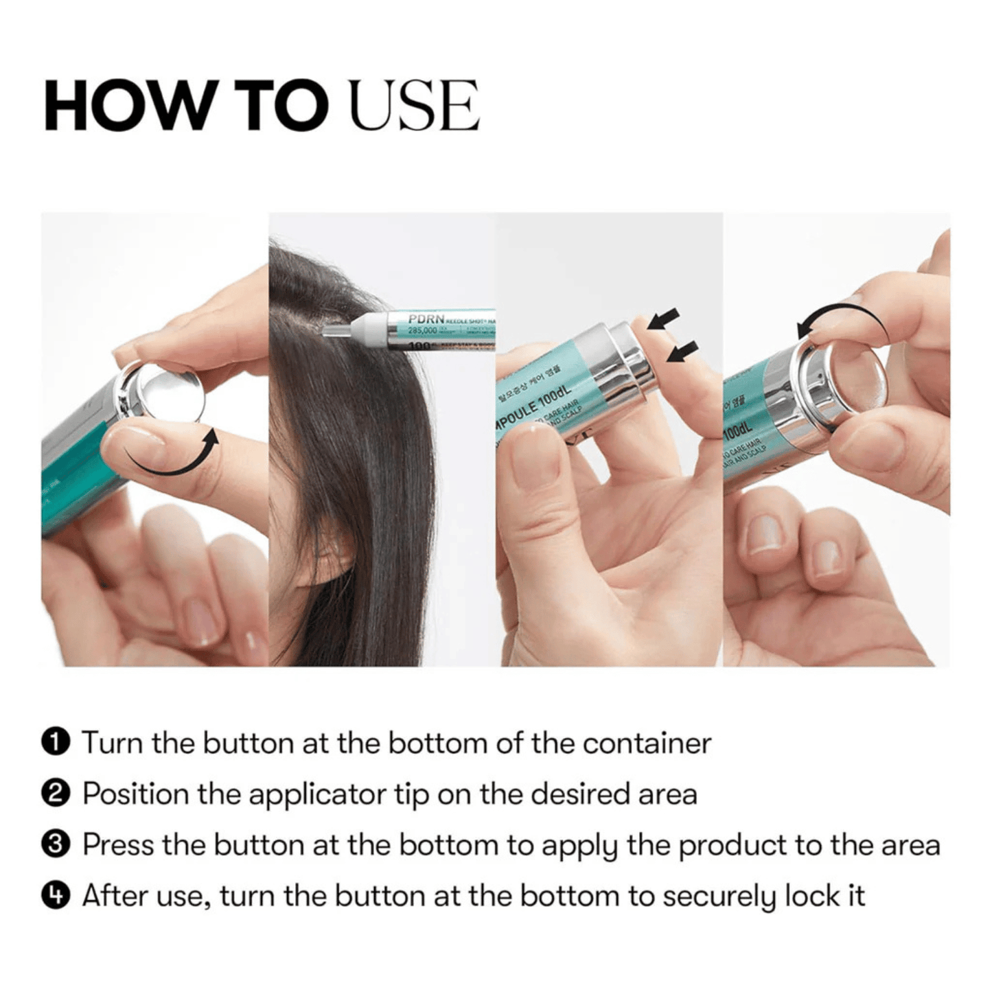 Instructions on how to use PDRN Reedle Shot Hair Ampoule 100dL product applicator with text and images.