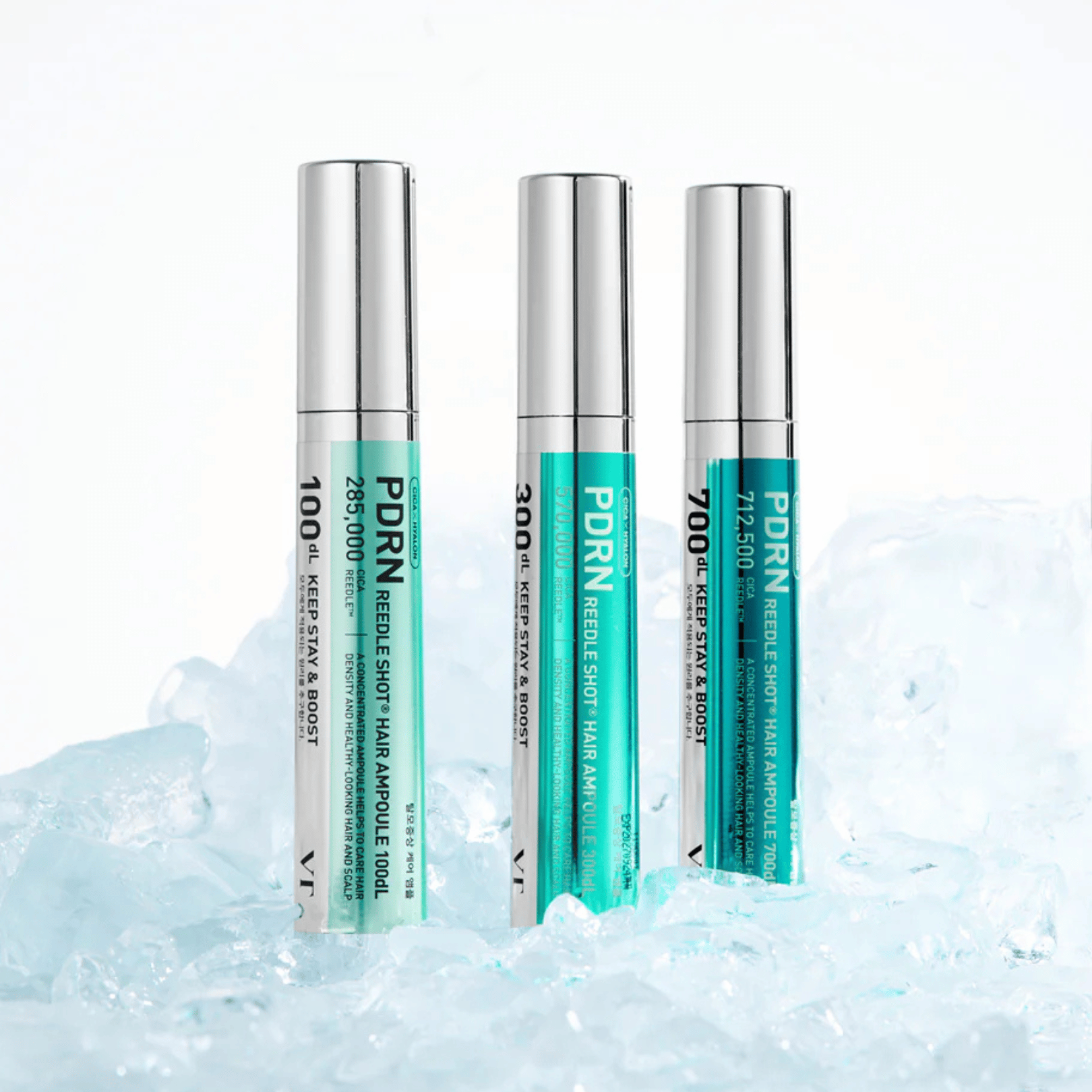 Three PDRN Reedle Shot Hair Ampoules in different strengths on a textured white background