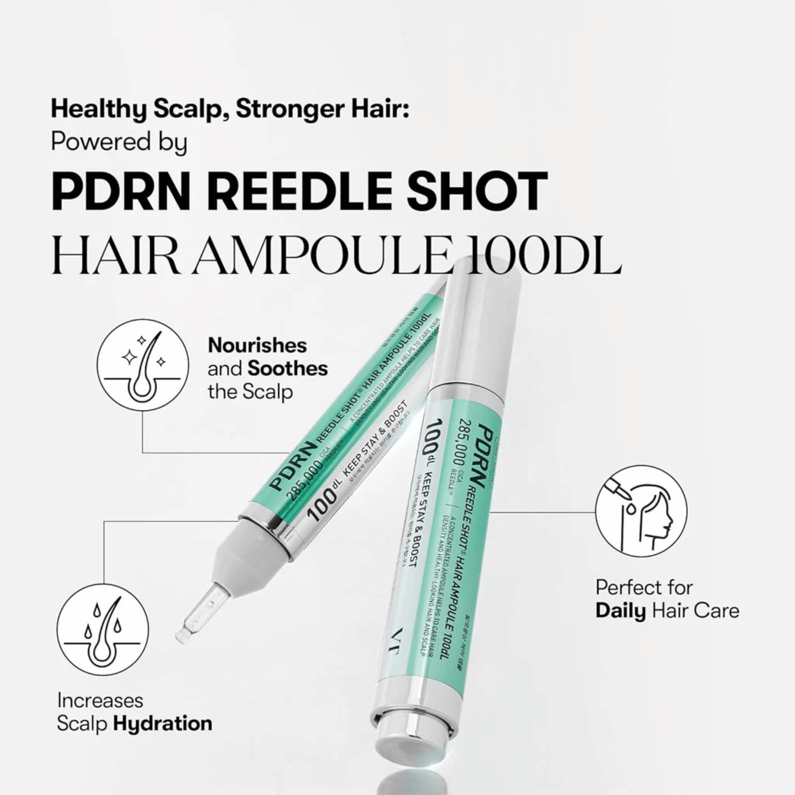 Two PDRN Reedle Shot Hair Ampoule 100dL tubes on a white background with text about scalp and hair care as well as product benefits