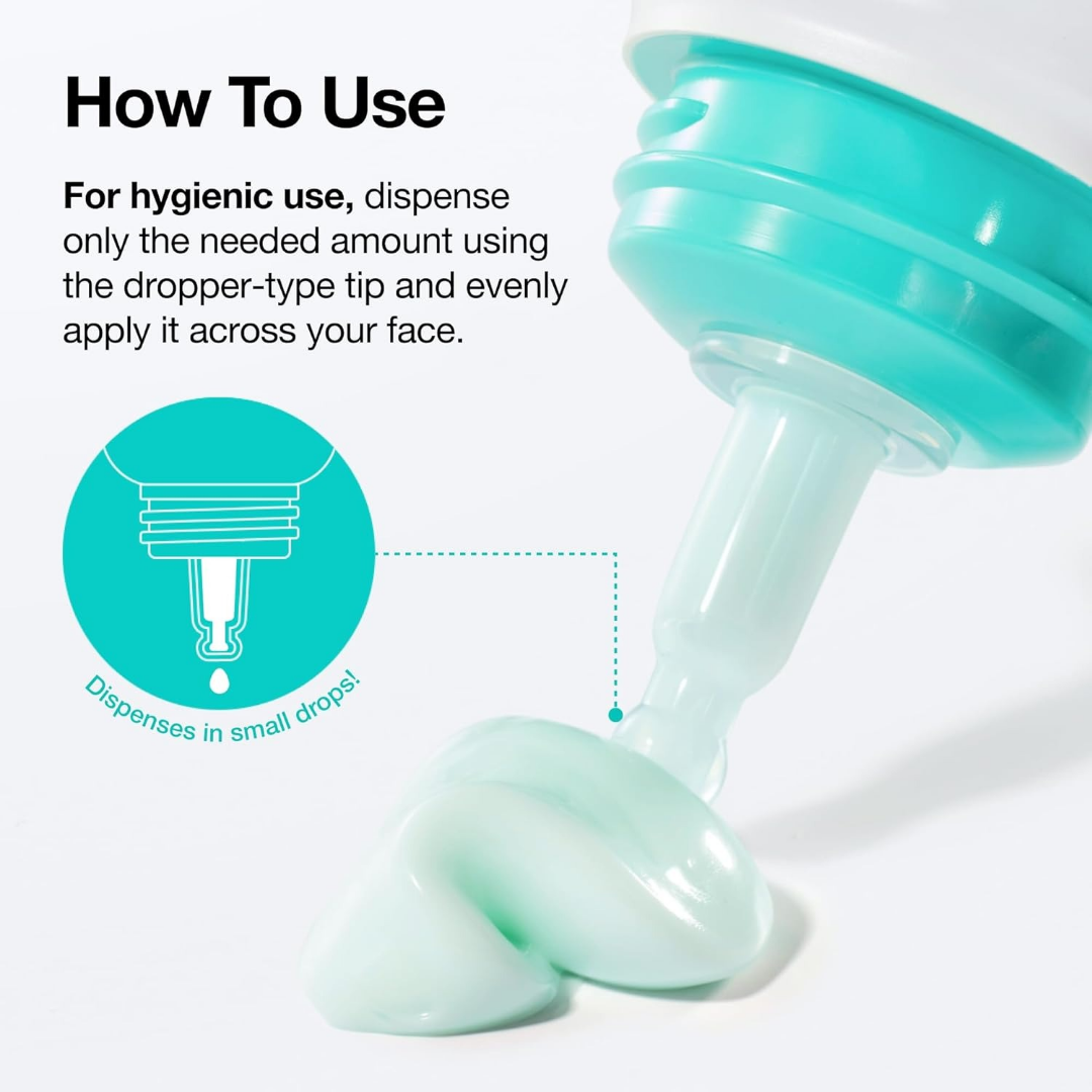 Anua PDRN Hyaluronic Adic 100 Moisturiser with information on how to use the product. It shows the Teal colour of the cream when pressed from the tube as well as the tube nozzle
