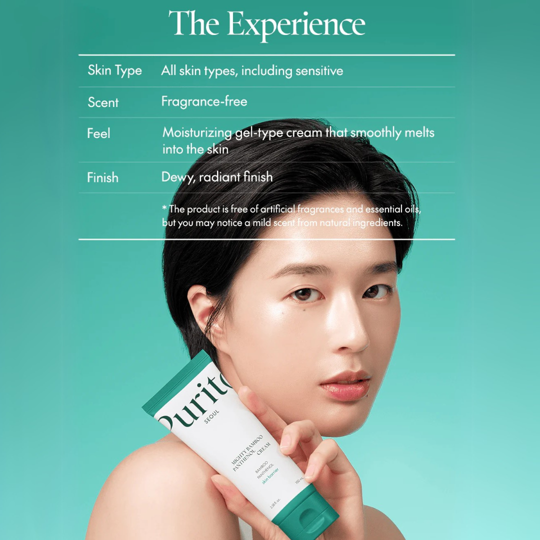 Woman holding Purito Mightly Bamboo Panthenol Cream with text about product features on a teal background