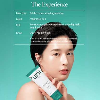 Woman holding Purito Mightly Bamboo Panthenol Cream with text about product features on a teal background