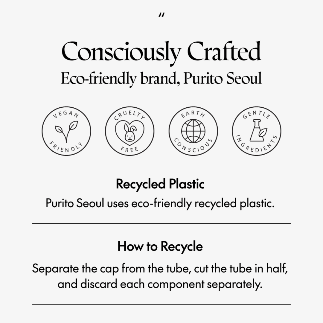 Eco-friendly brand Purito Seoul's recycled plastic packaging information on a white background.