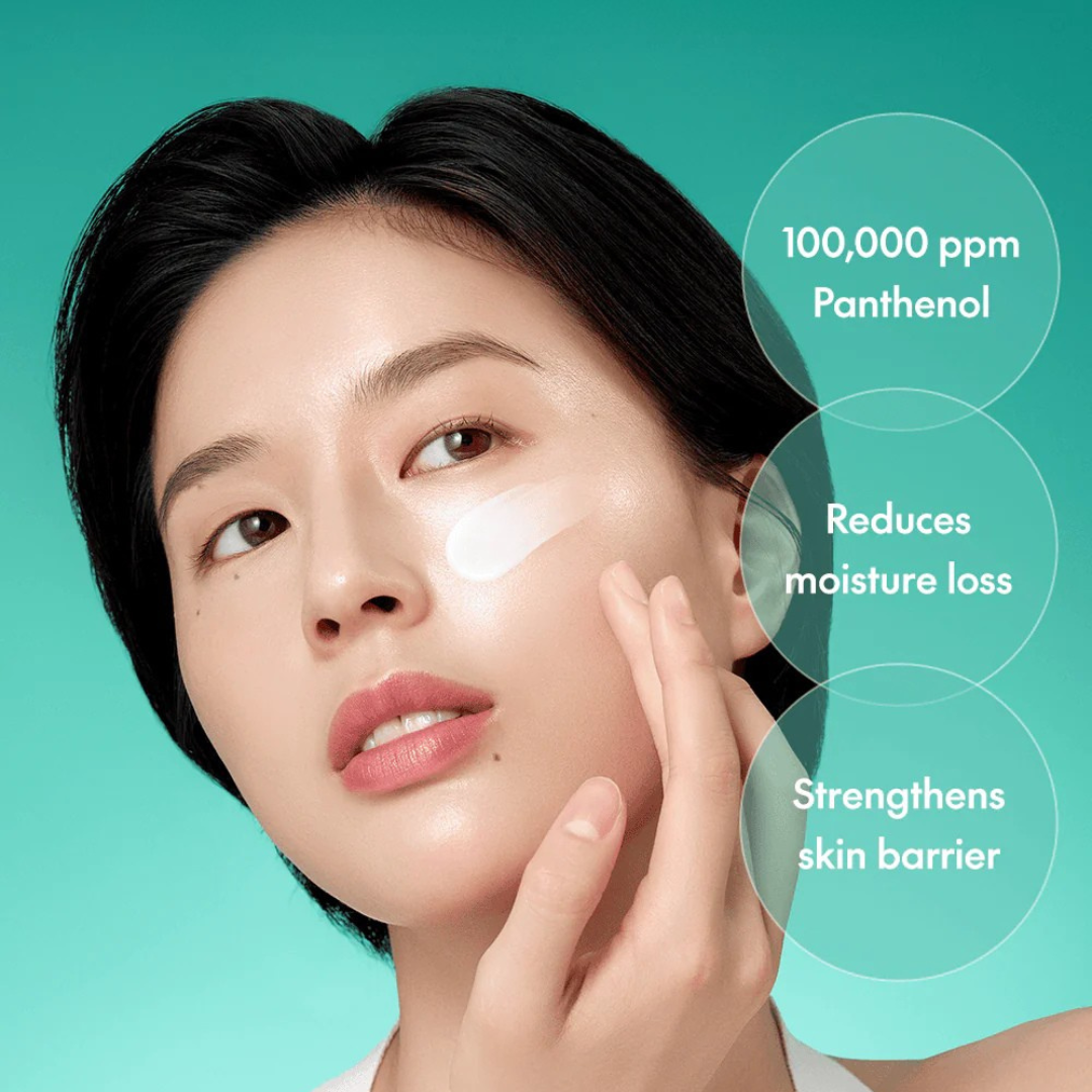 Woman applying Purito Mightly Bamboo Panthenol Cream with text about panthenol benefits on a teal background