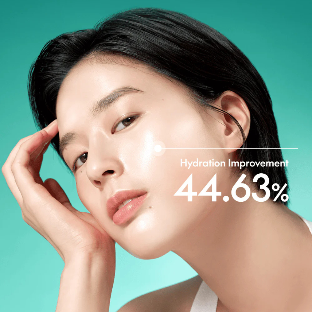 Woman with hydrated skin on a teal background with hydration improvement text. Purito Mightly Bamboo Panthenol Cream