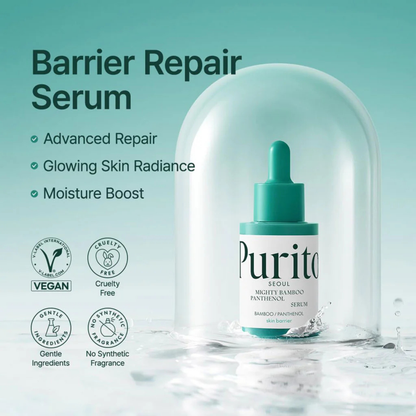 Purito Mighty Bamboo Panthenol Serum bottle with dropper on a teal background with text on barrier repair as well as formulation attirbutes