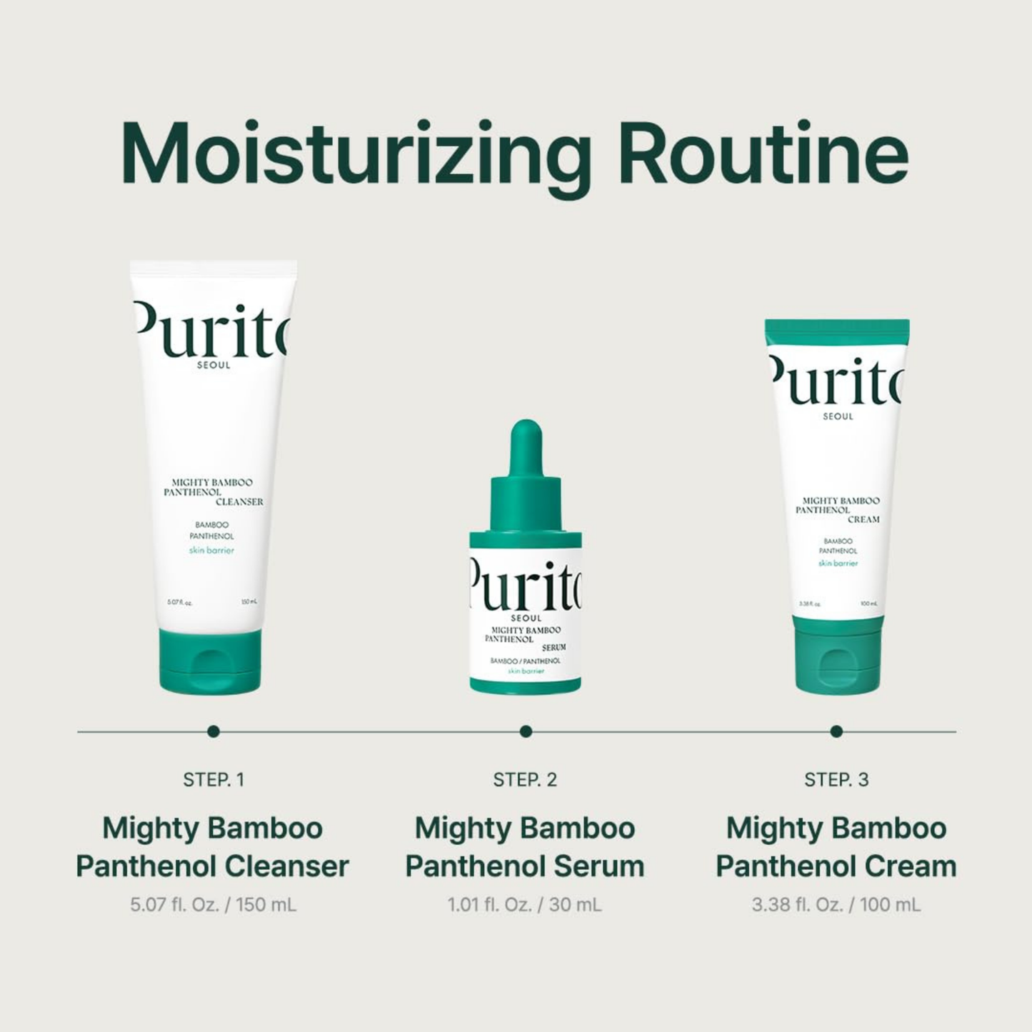 Purito skincare products with a moisturizing routine on a light beige background