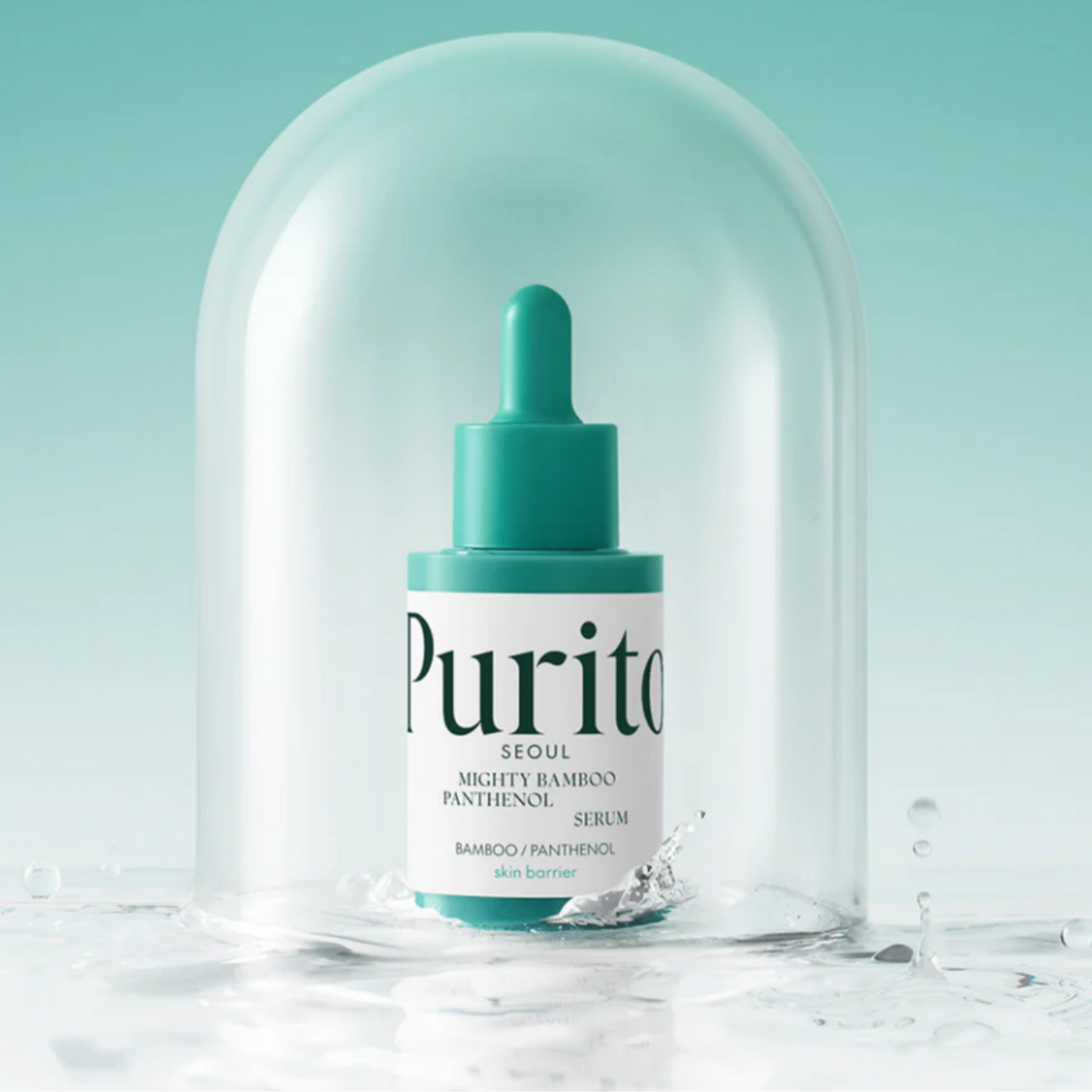 Purito Mighty Bamboo Panthenol Serum bottle under a glass dome on a light teal background