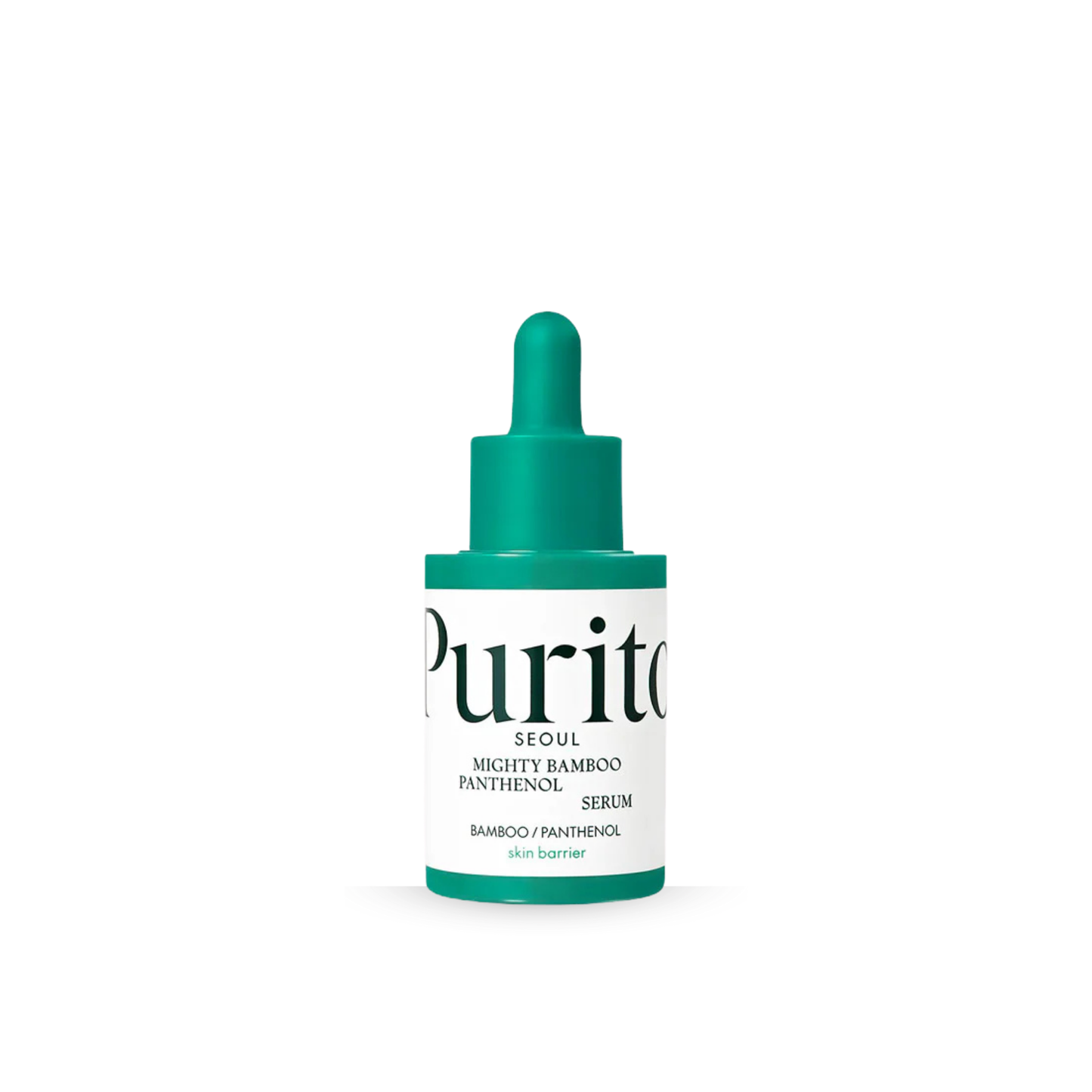 Purito Mighty Bamboo Panthenol Serum bottle with dropper on a white background