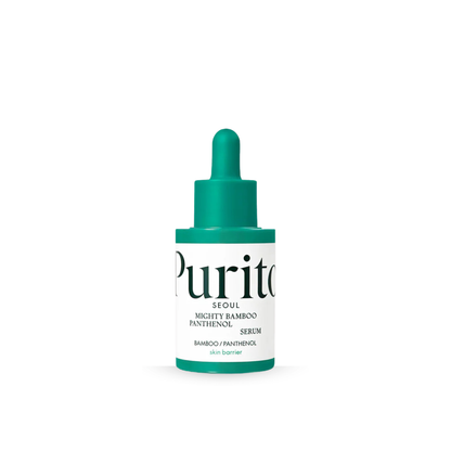 Purito Mighty Bamboo Panthenol Serum bottle with dropper on a white background