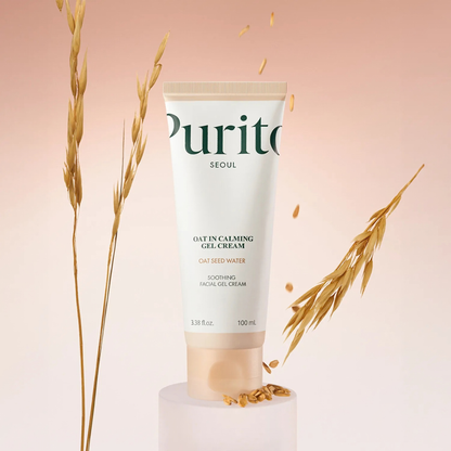 Purito Seoul Oat in Calming Gel Cream with oat branches on a light pink background