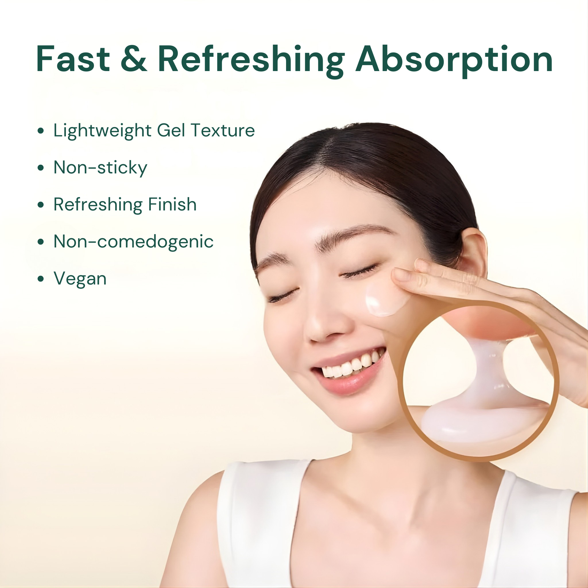 Woman applying Purito Seoul Oat in Calming Gel Cream with text highlighting features and characteristics of the product texture on a beige background