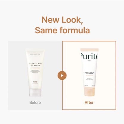 New and old packaging of a the Purito Seoul Oat in Calming Gel Cream on a light grey background