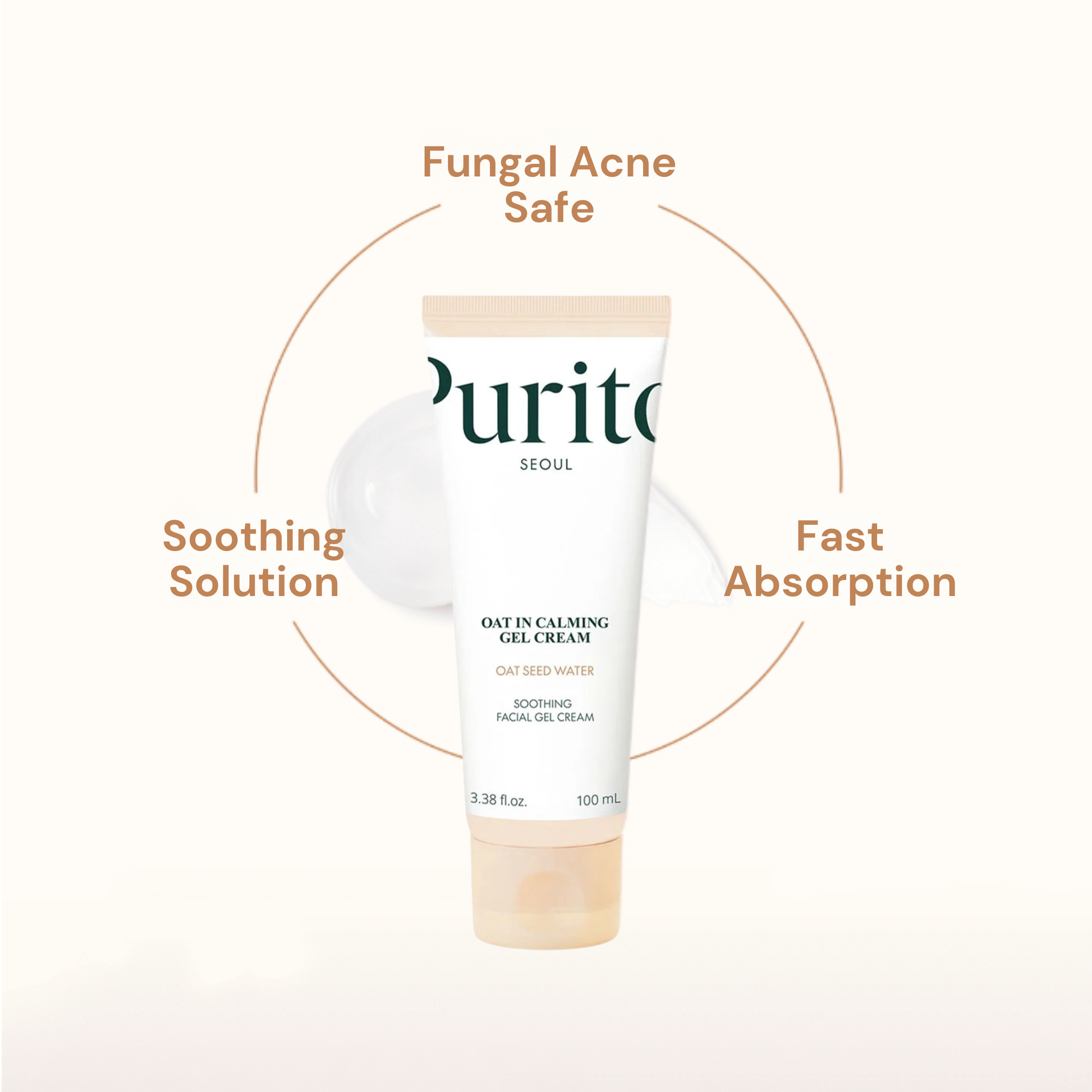Tube of Purito Seoul Oat in Calming Gel Cream with text highlighting features on a white background