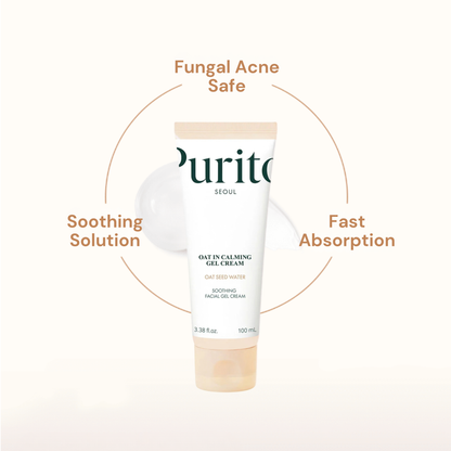 Tube of Purito Seoul Oat in Calming Gel Cream with text highlighting features on a white background