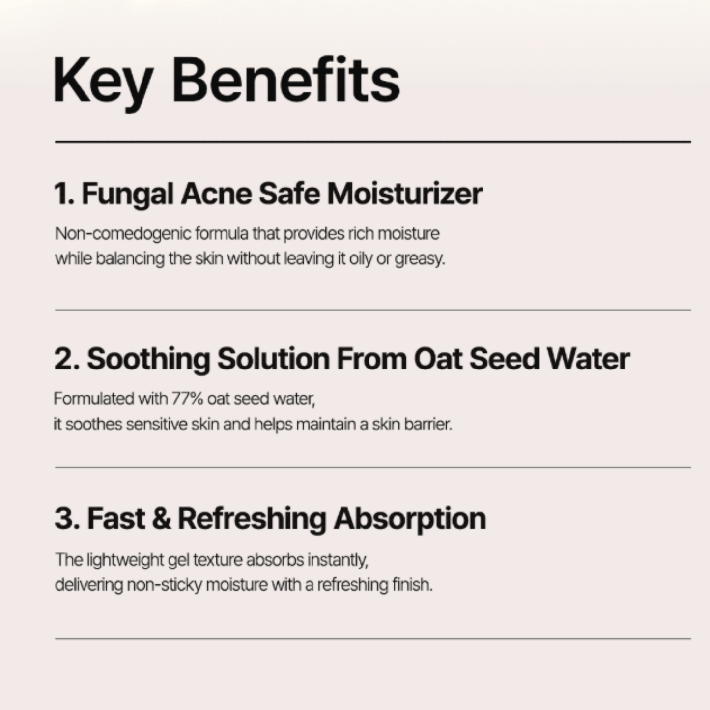 List of key benefits for Purito Seoul Oat in Calming Gel Cream on a light beige background