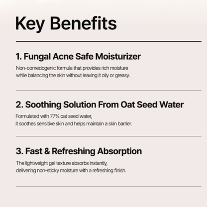 List of key benefits for Purito Seoul Oat in Calming Gel Cream on a light beige background