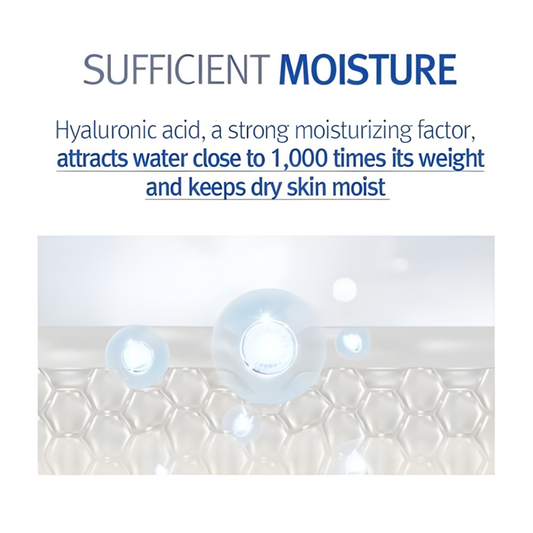 Text about hyaluronic acid moisturizing properties with a diagram showing hyaluronic acid penetrating the skin barrier