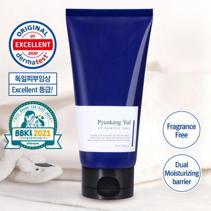 Pyunkang Yul ATO Cream Blue Label with certification logos and product features on a white background. Suitable for babies and childeren