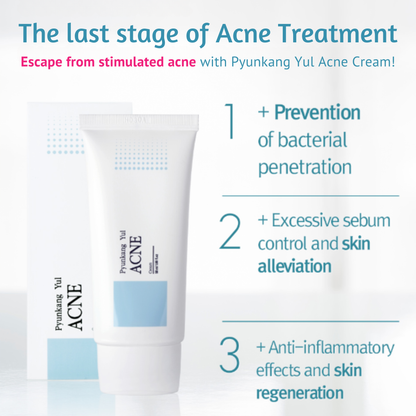 Pyunkang Yul Acne Cream tube with text about acne treatment on a white background