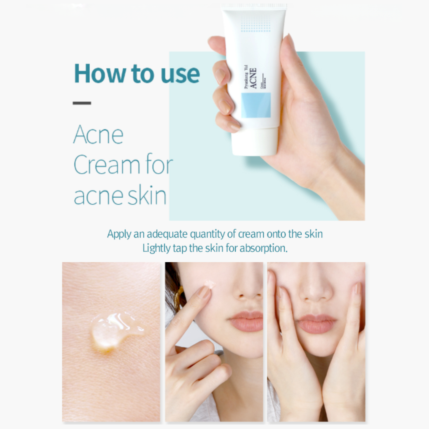Instructions on how to use Pyunkang Yul Acne Cream for acne skin with a hand holding a tube of cream and a woman applying the gel cream.