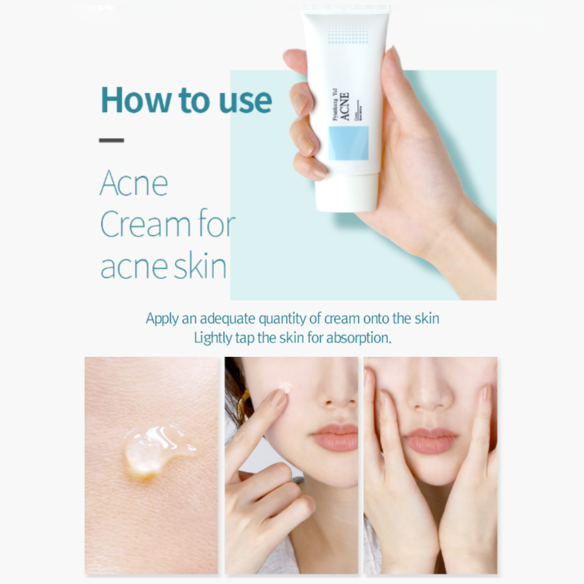 Instructions on how to use Pyunkang Yul Acne Cream for acne skin with a hand holding a tube of cream and a woman applying the gel cream.