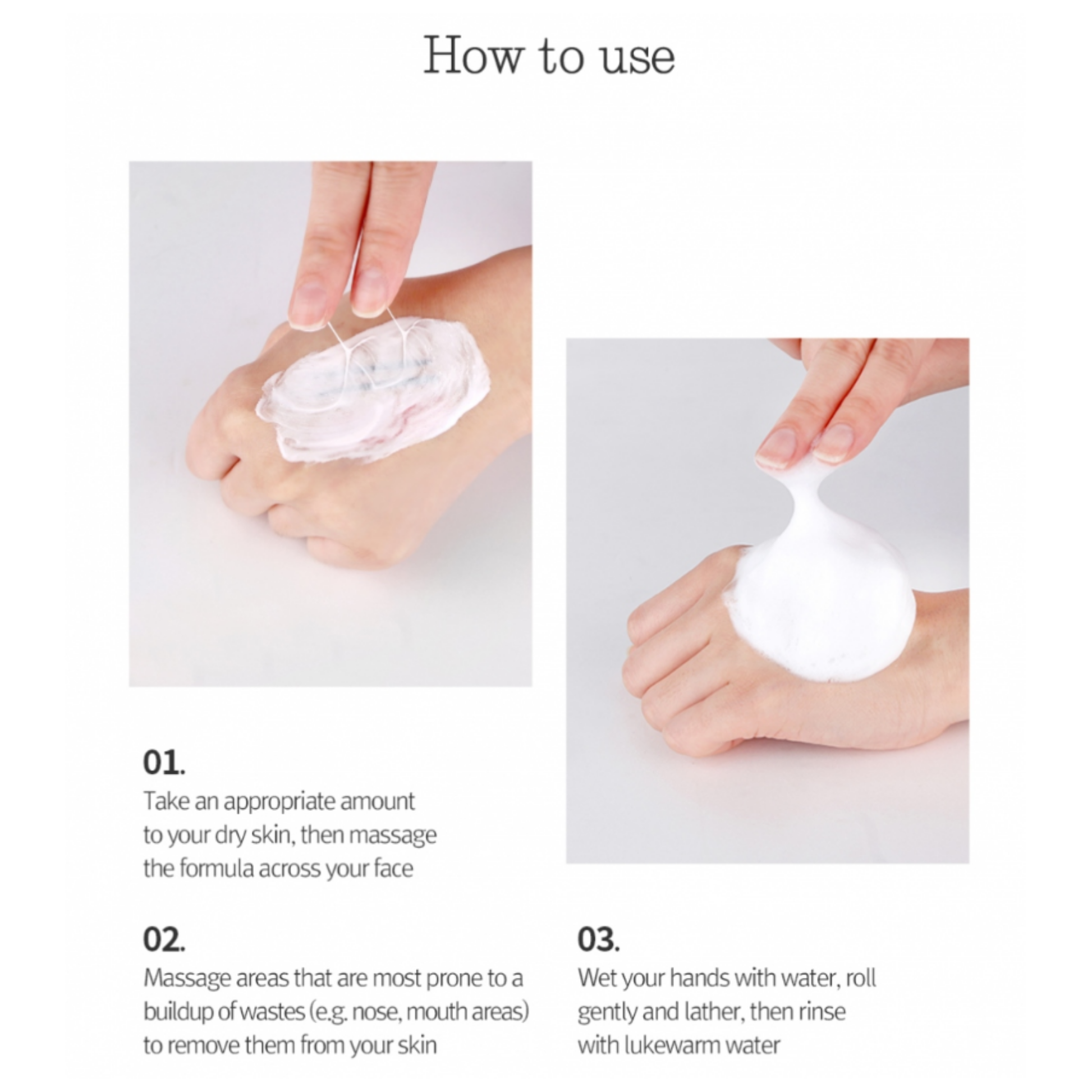Instructions on how to use Pyunkang Yul Cleansing Foam with close-up images of hands applying the cream.
