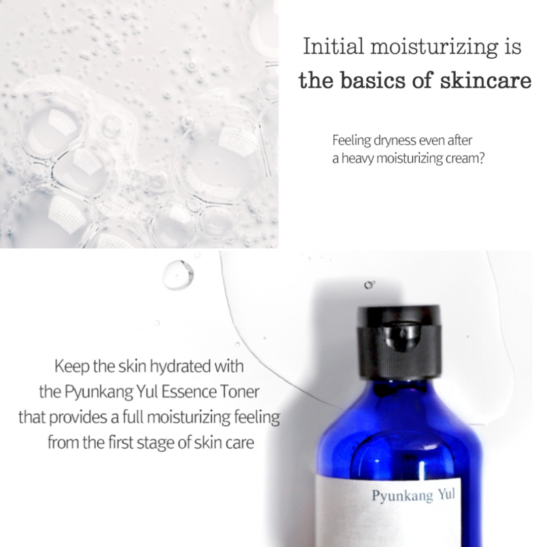 Blue bottle of Pyunkang Yul Essence Toner with text about skincare on a white background