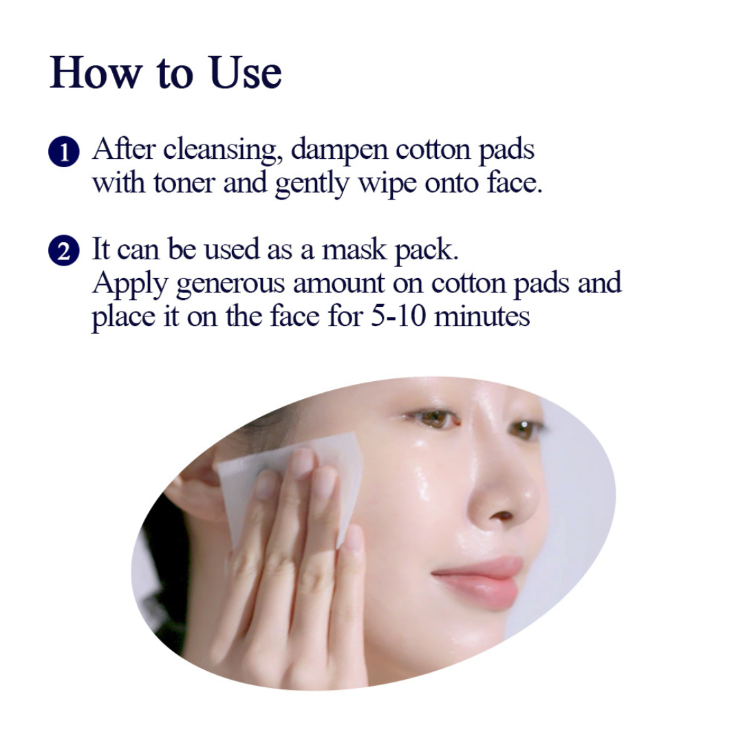Instructions on how to use Pyunkang Yul Essence Toner as a mask pack, shown with a close-up of a hand applying a cotton pad to the face.